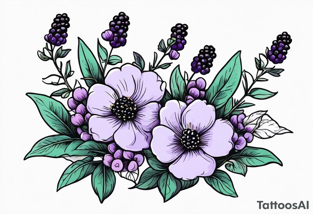 lavender flowers, with blackberry berries. symbol of the ocean and sky in the background. tattoo idea