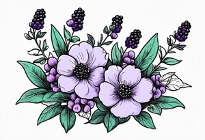 lavender flowers, with blackberry berries. symbol of the ocean and sky in the background. tattoo idea