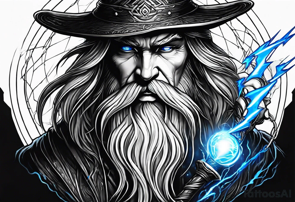 Wizard controlling lightning with a staff with blue arc ball tattoo idea Wizard controlling lightning with a staff with blue arc ball tattoo idea
