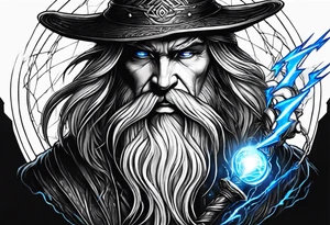 Wizard controlling lightning with a staff with blue arc ball tattoo idea