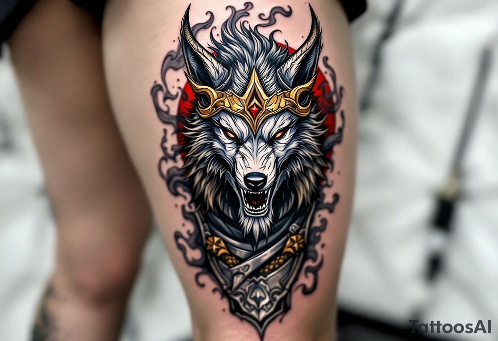 Radegast – Picture of a full body warrior god with a wolf head, wearing a golden horned helmet, his armor shimmering in silver-gray, with blood-red eyes and smoke behind. tattoo idea