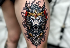 Radegast – Picture of a full body warrior god with a wolf head, wearing a golden horned helmet, his armor shimmering in silver-gray, with blood-red eyes and smoke behind. tattoo idea