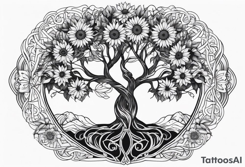 Feminine Yggdrasil tree with two sunflowers tattoo idea