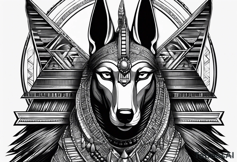 Strict Anubis portrait with pyramids on the background tattoo idea