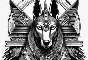 Strict Anubis portrait with pyramids on the background tattoo idea