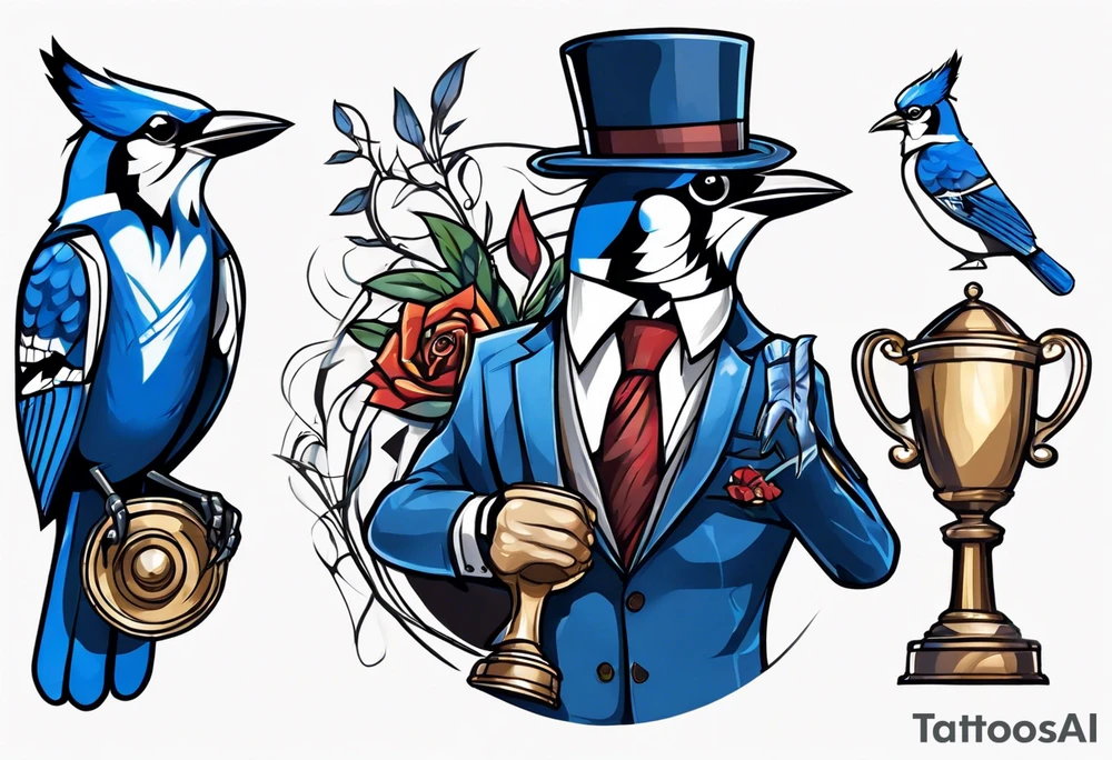 bluejay in a suit holding a trophy tattoo idea