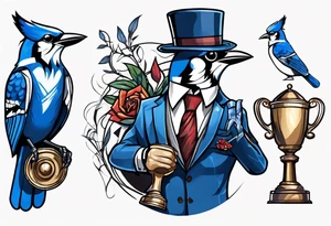 bluejay in a suit holding a trophy tattoo idea