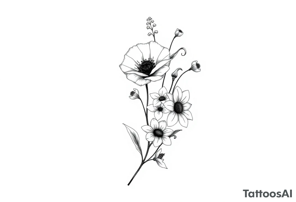 simple black and white tattoo with a bouquet from one stem featuring poppy flower, lily of the valley, daffodil, water lily, daisy, with less lines and detail tattoo idea