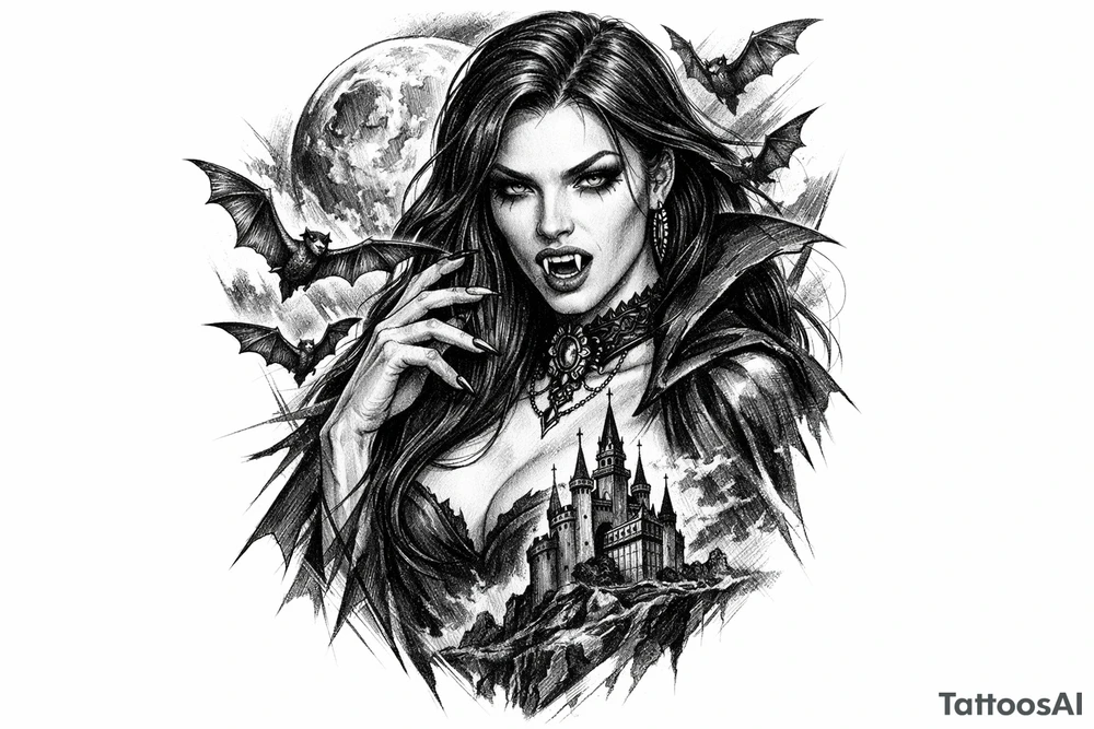 female vampire,bats,moon. tattoo idea