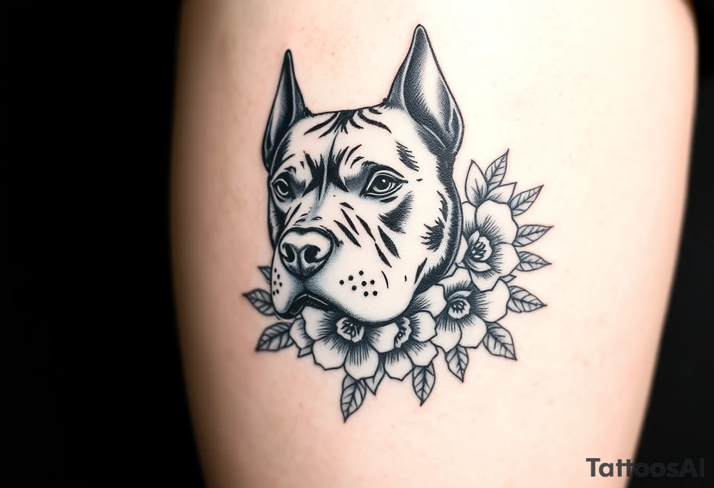 Pitbull head with flowers tattoo idea