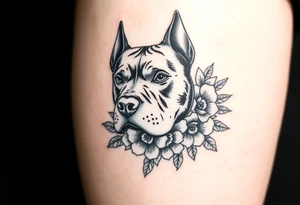 Pitbull head with flowers tattoo idea