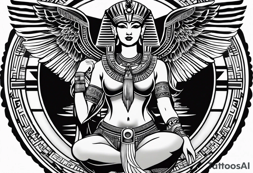 black and white Egyptian goddess Isis tattoo idea