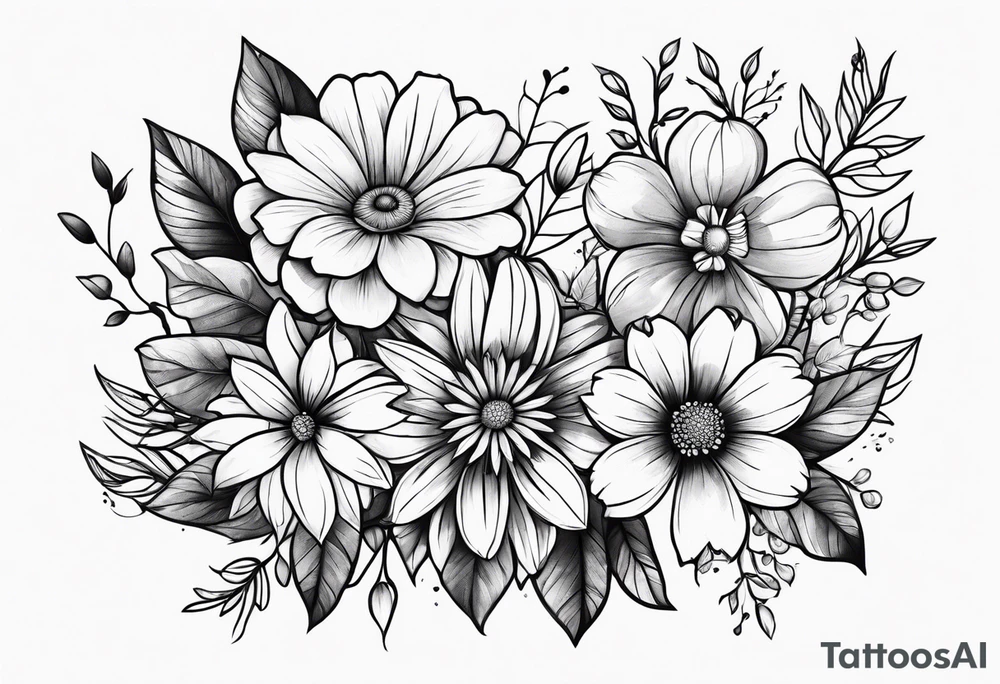 Flower bouquet with 5 flowers skinny tattoo idea