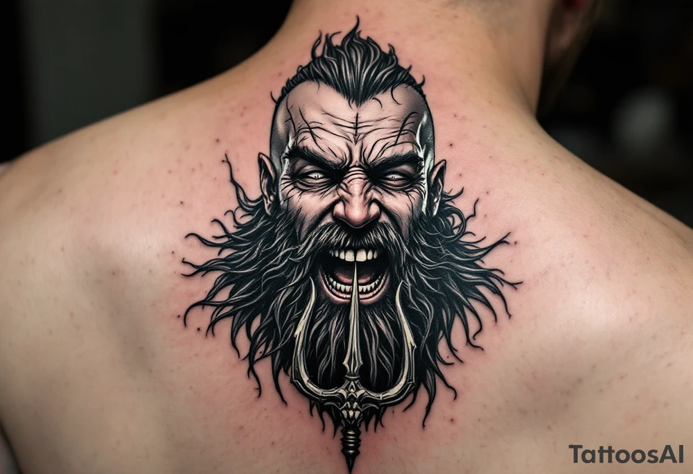 laughing poseidon, behind a trident, looking at his nose tattoo idea