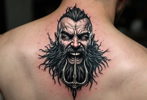 laughing poseidon, behind a trident, looking at his nose tattoo idea