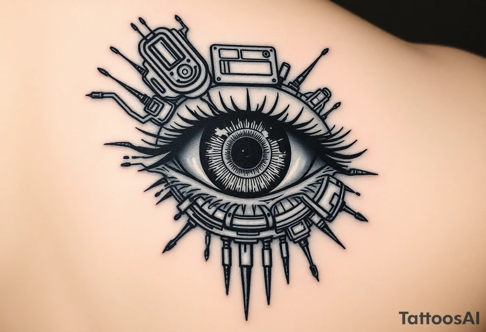 Cybernetic Eye with HUD Elements
A detailed eye with cybernetic implants and neon overlays.
A heads-up display (HUD) projecting out, featuring symbols, warnings, or static.
Neo-trad thick outlines and shading mixed with digital-style highlights. tattoo idea