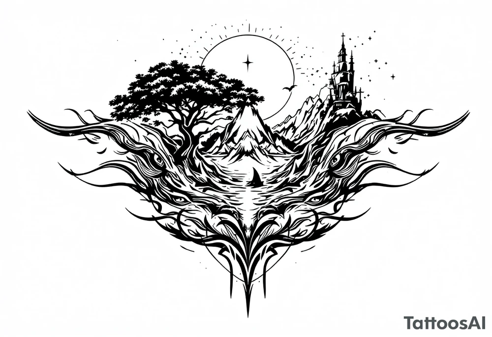 tattoo that has an acacia tree with mountains, ocean with a ship wreck with sharks and the bright northern star tattoo idea