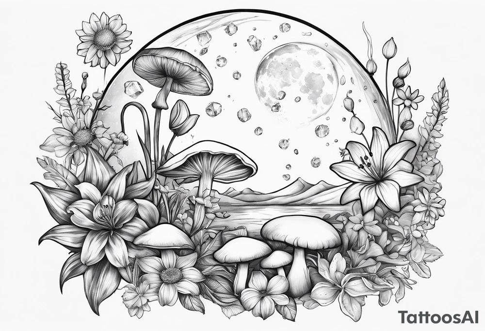 moon with crystals, mushrooms, and lily’s and daisy’s tattoo idea