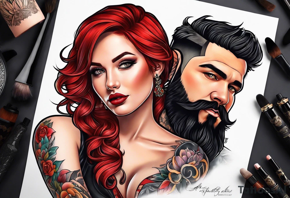 Busty Red haired woman with black haired bearded man tattoo idea