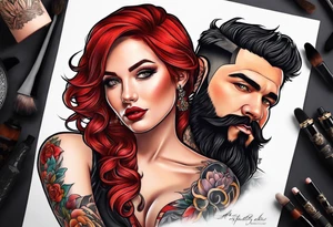 Busty Red haired woman with black haired bearded man tattoo idea
