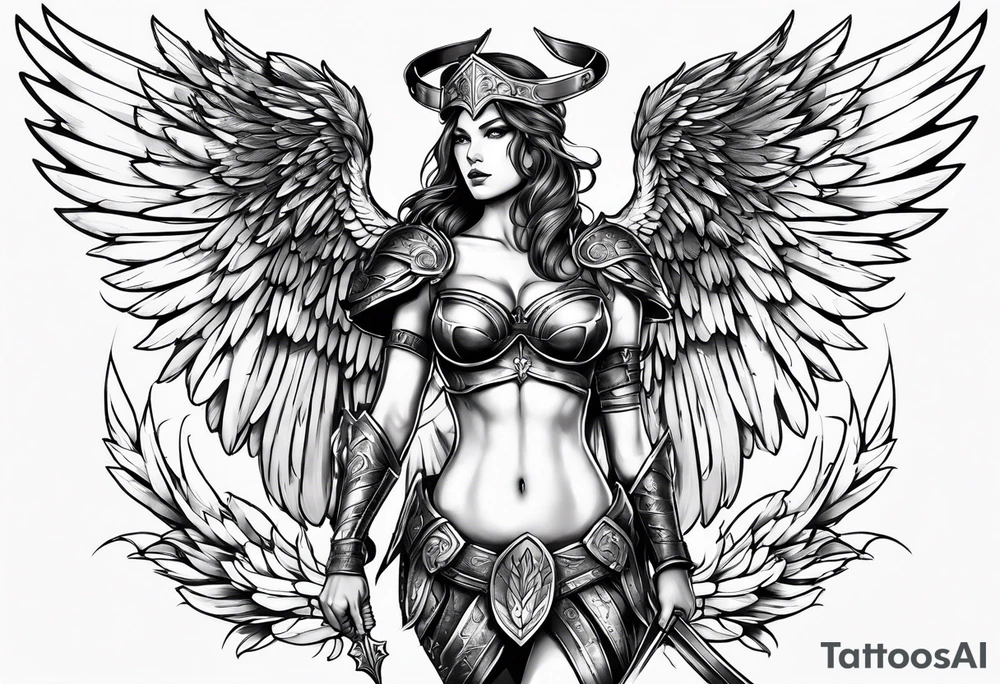 The full body of a Valkyrie with wings tattoo idea