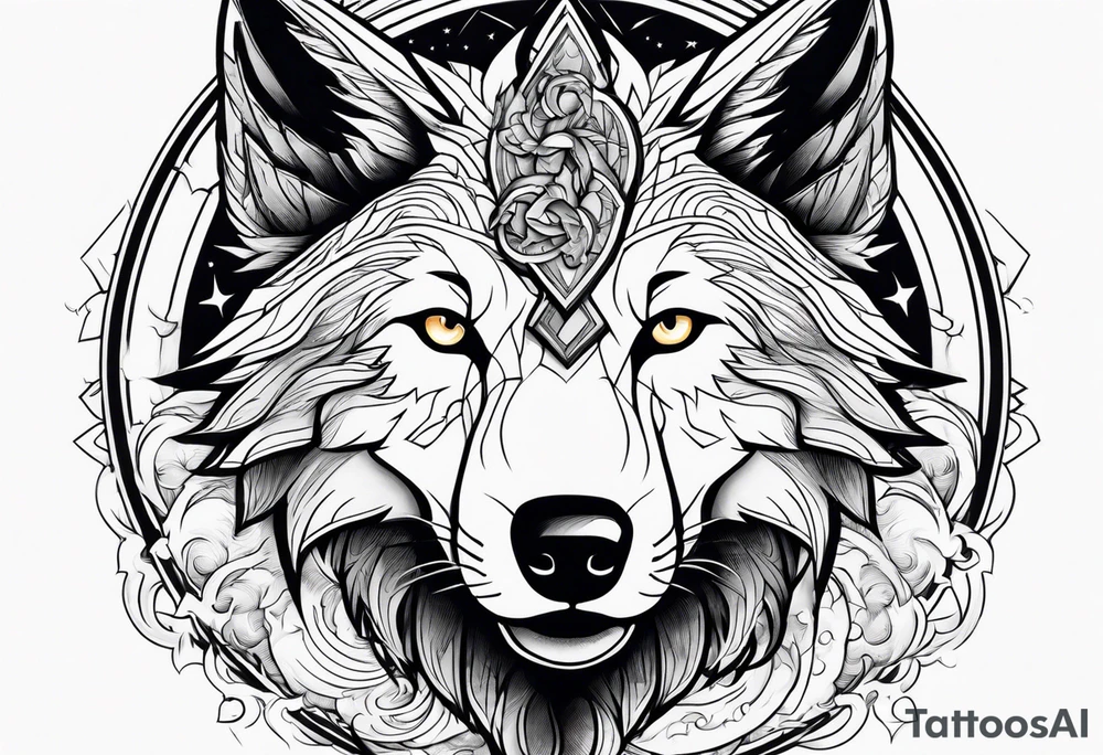 wolf with a dragon and lightning and the moon in the background tattoo idea