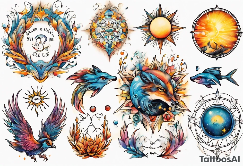 fisch, fuchs und eule , symetrie  sonne, universum, bunt, " sapere aude" tattoo idea