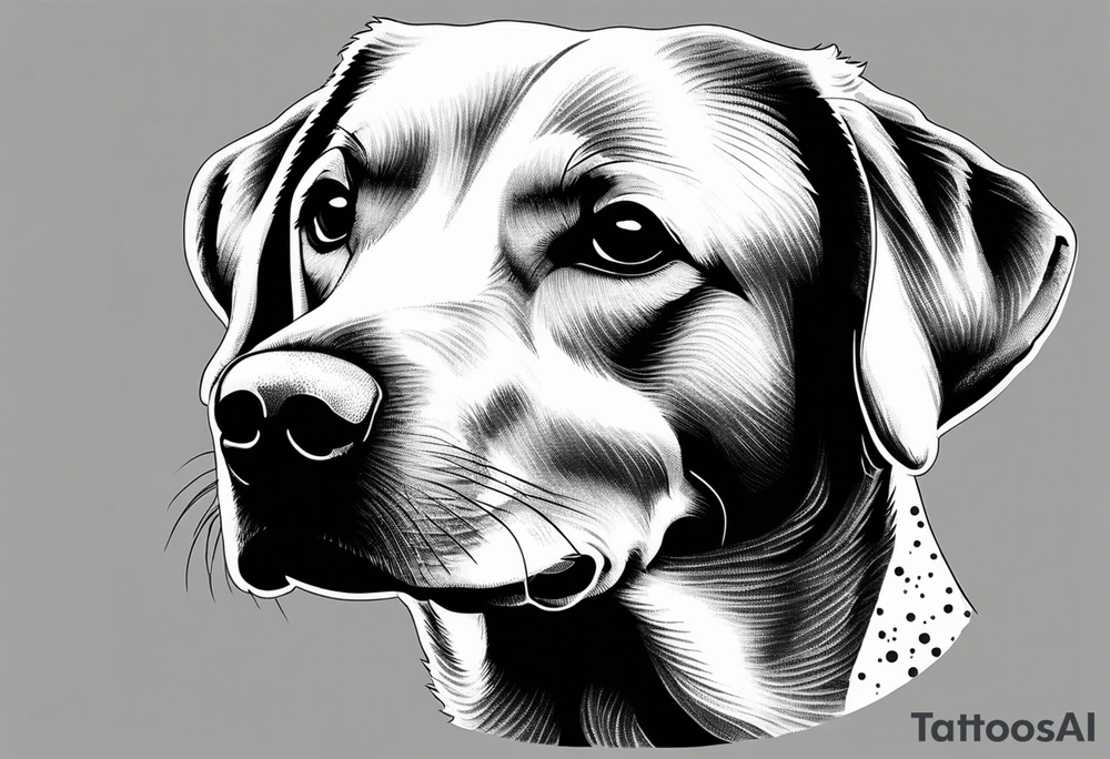 Generate a simple tattoo of a sitting Labrador Retriever, focusing on its friendly face and expressive eyes in a minimalist style tattoo idea