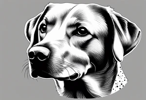 Generate a simple tattoo of a sitting Labrador Retriever, focusing on its friendly face and expressive eyes in a minimalist style tattoo idea