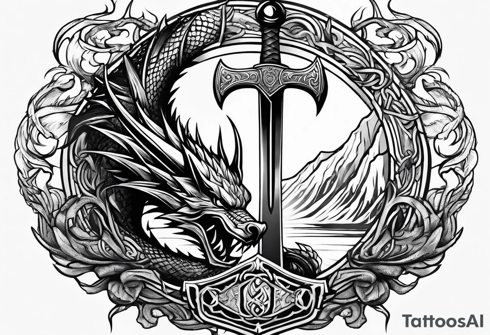 Valhalla sword shield dragon axe viking 
ship tattoo idea