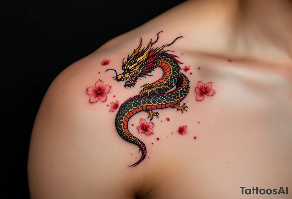 Japanese katana with a slightly curved, polished steel blade reflecting soft light. The hilt is tightly wrapped in black and crimson silk, with a golden oriental dragon coiled around it, its scales shimmering in deep gold and red. Cherry blossom petals drift around the blade, and a faint ink brush wave. tattoo idea