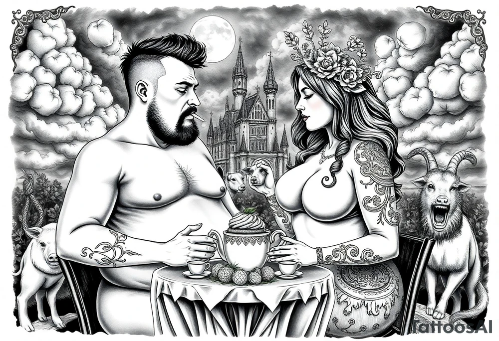 Naked Man and fat woman having sex eating cupcakes and  fruit  having sexy naked fat lady having a tea party with tea pots  swith fancy castle  
with mystical  aries a pigs, peacock,  lion, goat, noose and smoking cigerettes looking in the mirror thru storm clouds and broken hearts and darkness and wrath, envy , gluttony, greed, sloth, pride . Gothic tattoo idea