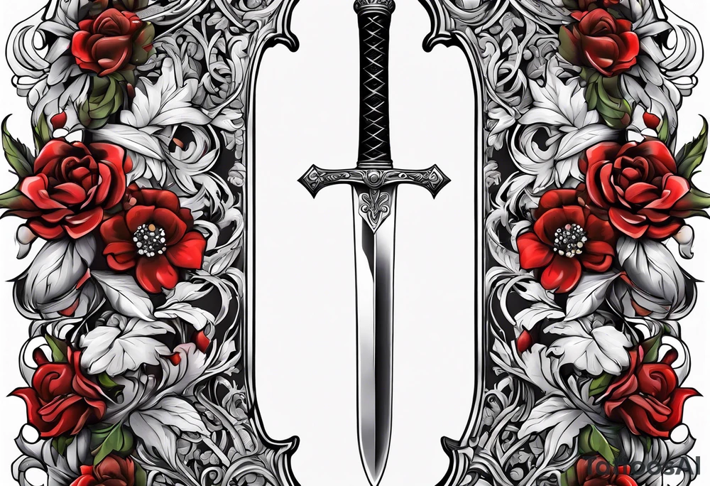 bloody sword with flowers tattoo idea