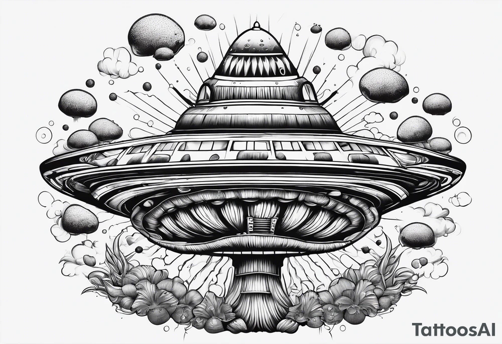 Psychedelic mushroom rocketship bursting out of bubble into spiritual realm tattoo idea