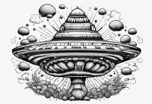 Psychedelic mushroom rocketship bursting out of bubble into spiritual realm tattoo idea