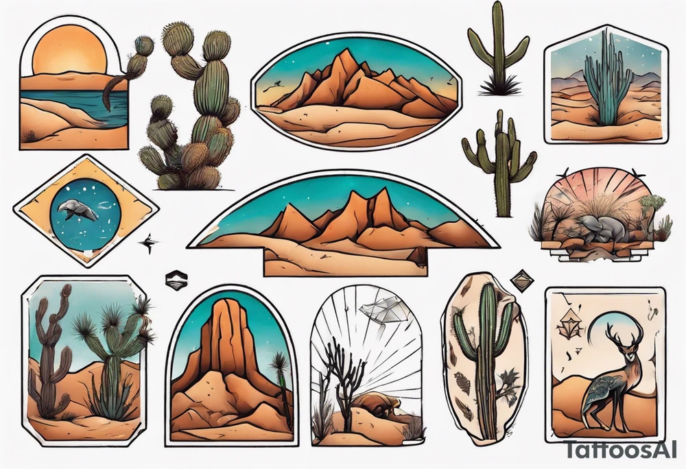 rectangle tattoo within a half-circle configuration with desert fauna tattoo idea