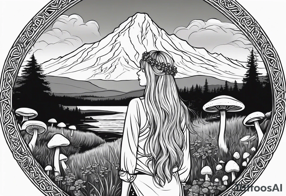 Whole picture encircled fully

Straight long blonde hair hippie girl in distance holding mushrooms in hand facing away toward mountains and creek surrounded by mushrooms long sleeve shirt and hiking pants; whole rendering within a full celtic circle border, no cut off circle tattoo idea