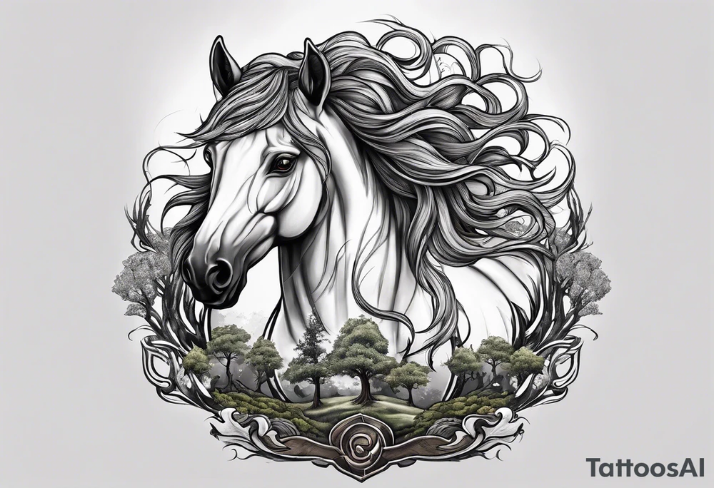 Realistic Horse and Yggdrasil tree tattoo idea