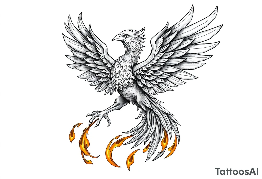 magnificent phoenix rising from golden flames with trailing embers tattoo idea