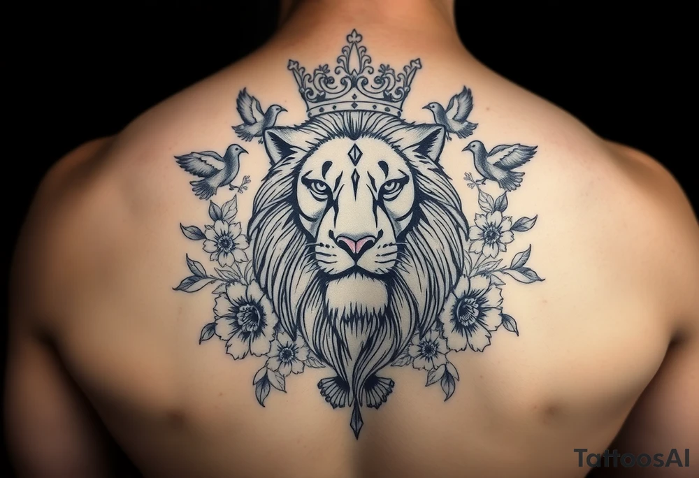 powerful majestic lion with a crown, surrounded by floral ornaments and birds tattoo idea