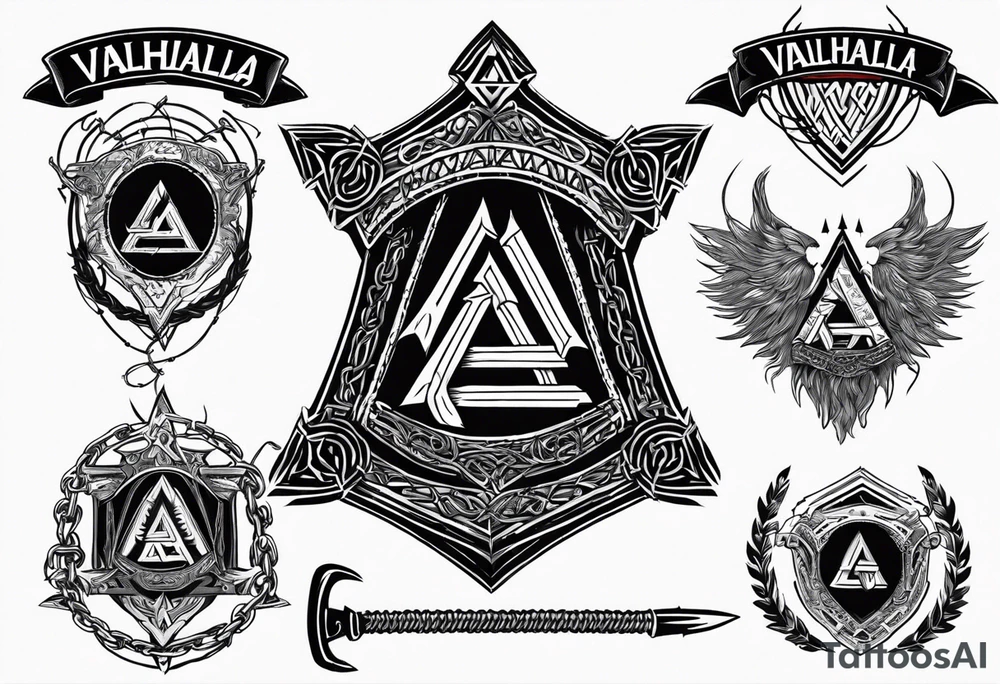 Valhalla sword shield axe barbed wire chains valknut fire tattoo idea Valhalla sword shield axe barbed wire chains valknut fire tattoo idea
