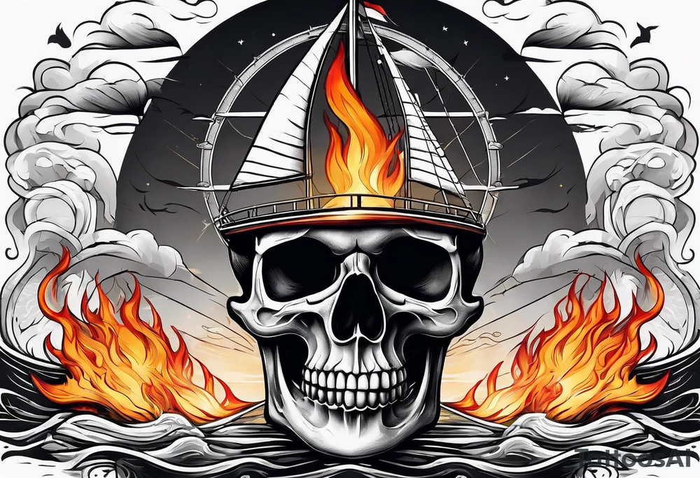 Skull in flames above a sailing boat. tattoo idea