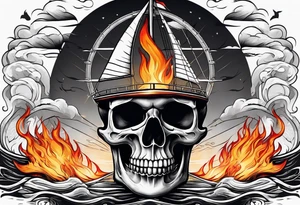 Skull in flames above a sailing boat. tattoo idea