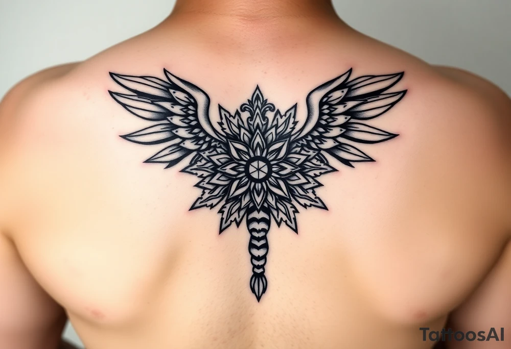 A stylized mandala incorporating elements of all three creatures. Scorpion tail forming the base, eagle wings creating symmetry, and phoenix feathers integrated as decorative patterns with flame textures. tattoo idea