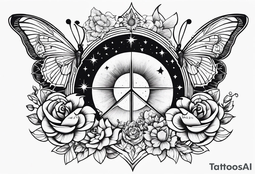 Design a tattoo that symbolizes power, peace and love with the sun and moon and with flowers and butterflies but also shows masculinity tattoo idea
