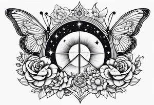Design a tattoo that symbolizes power, peace and love with the sun and moon and with flowers and butterflies but also shows masculinity tattoo idea
