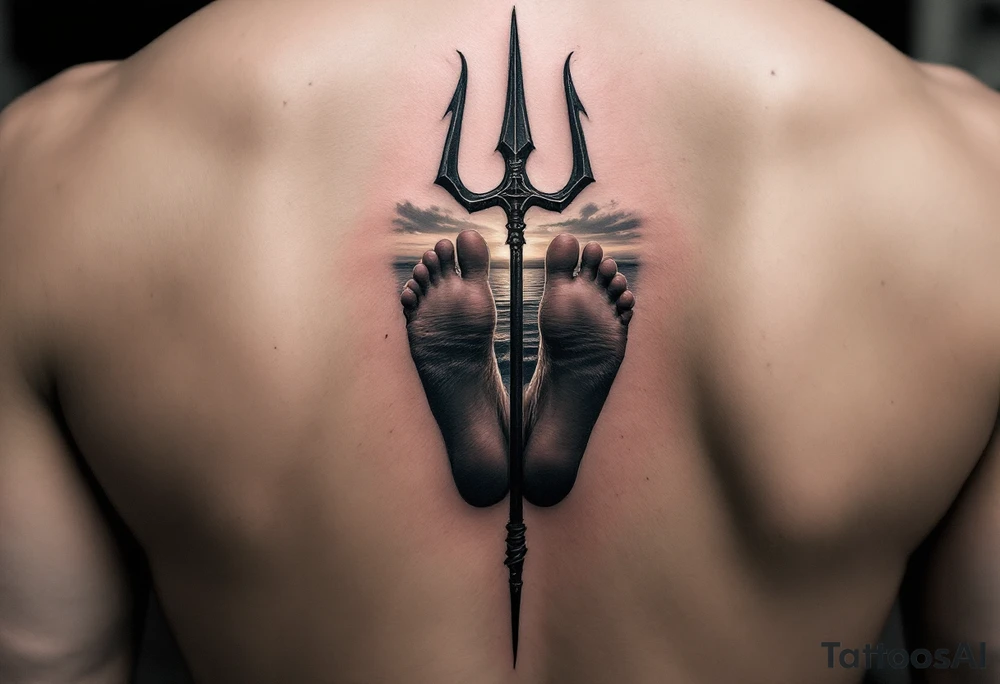 barefeet behind trident half way under water and sunset tattoo idea