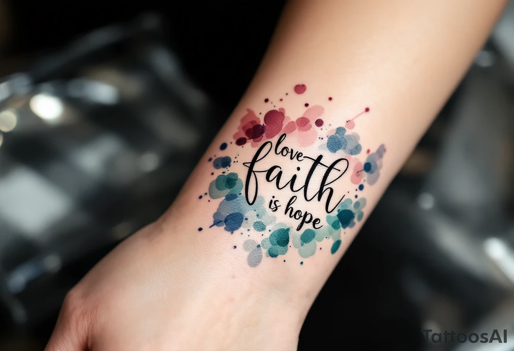 Clean black line text love faith hope with abstract watercolor bursts in wine red, indigo, and moss green. tattoo idea
