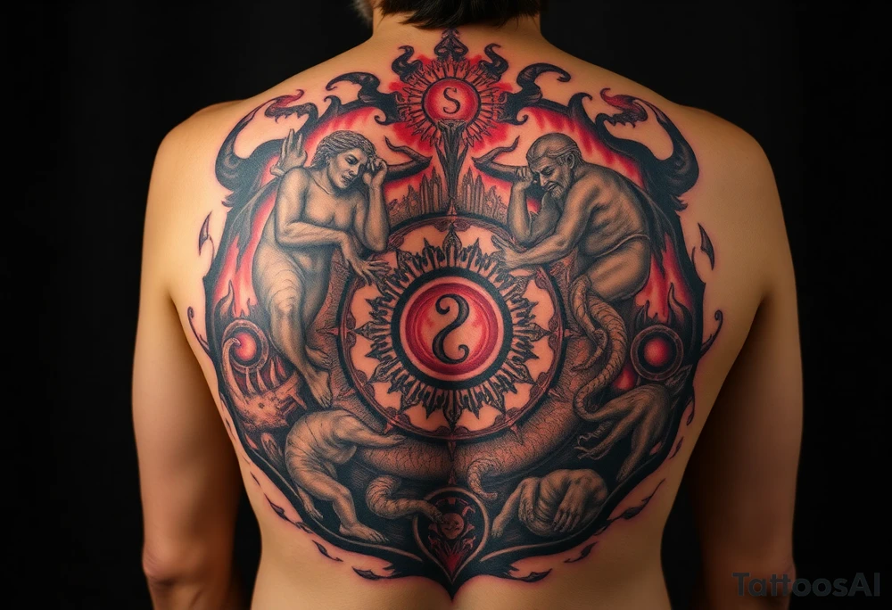 Dante 9 circles of hell full back tattoo

Limbo: Virtuous unbaptised souls wander in a melancholic, castle-like realm without torment.
Lust: Sinners are tossed eternally in violent storms symbolizing uncontrolled passions.
Gluttony: Souls lie in filthy slush under ceaseless rain, guarded by Cerberus.
Greed: Hoarders and spendthrifts push boulders against each other in futile conflict.
Anger: Wrathful fight on the surface of the Styx; sullen gurgle below in the mud.
Heresy: Heretics burn in flaming tombs for denying immortality.
Violence: Divided into sub-rings for violence against others, self, and nature (e.g., boiling blood, harpies).
Fraud: Ten ditches (bolge) for various deceivers, tormented by demons, serpents, and diseases.
Treachery: Traitors frozen in ice, with Satan at the center chewing the worst betrayers. tattoo idea