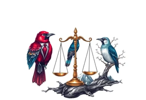 one of the birds red wearing a suit, other bird navy blue with glasses or holding a book, scales of justice built into a tree, starry night painting and mountain background tattoo idea